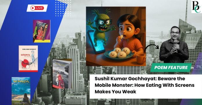A 3D anime-style illustration of a young Indian girl holding an idli while staring wide-eyed at a green “Mobile Monster” with glasses and antenna-like hair leaping out of a glowing smartphone. On her plate, four smiling idlis encourage her as the cozy dining room contrasts with the phone’s eerie blue glow.