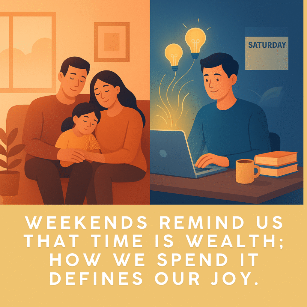 Weekends — split illustration: family resting on left; young professional studying at desk with glowing lightbulbs on right.