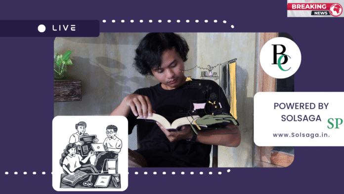 A young person reading a book during a live broadcast-style graphic, highlighting book reading awareness. The design features a ‘LIVE’ indicator, educational illustrations, and branding that says ‘Powered by Solsaga,’ suggesting a community-focused literacy or reading initiative